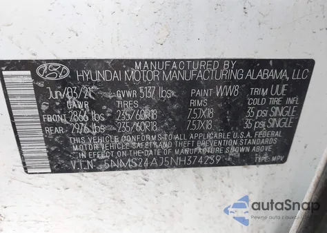 2022 Hyundai Santa Fe Sel z USA, uszkodzony, nr VIN 5NMS24AJ5NH374239